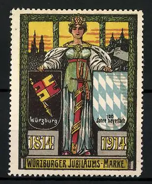 Reklamemarke Würzburg, Jubiläumsmarke 1814-1914, 100 Jahre bayerisch, Göttin mit Wappen