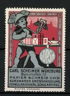 Reklamemarke Papier-, Schreib- und Kurzwaren-Grosshandlung Carl Scheiner, Würzburg, Bahnhofstr. 12, Hermes