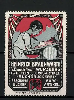 Reklamemarke Buchdruckerei Heinrich Braunwarth, Würzburg, Geschäftsbücher und Büroartikel, Mädchen beim Schreiben