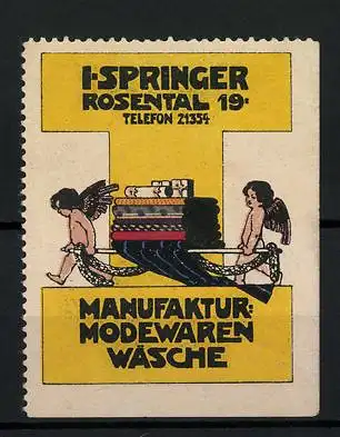 Reklamemarke Rosental, I. Springer, Manufaktur für Modewaren und Wäsche, zwei Engel tragen Bücher