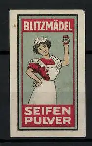 Reklamemarke Blitzmädel Seifenpulver, Hausfrau mit Dose