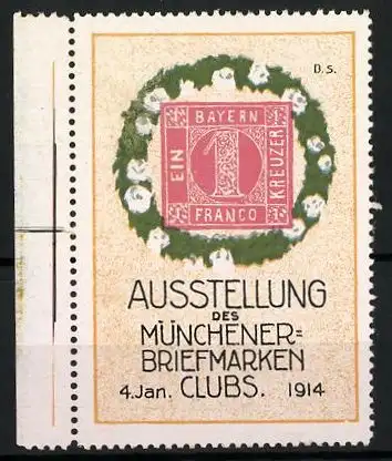 Reklamemarke München, Ausstellung des Münchener Briefmarken-Clubs 1914, Bayr. Briefmarke 1 Kreuzer im Blumenkranz