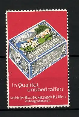 Reklamemarke Hochfeine Almbisquits, Marke Zugspitze, Landshuter Bisquit- und Keksfabrik H. I. Klein AG, Schachtel