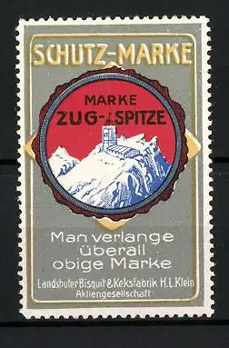 Reklamemarke Zugspitze, Landshuter Bisquit- und Keksfabrik H. I. Klein AG, Waffelverpackung auf Bergspitze