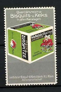 Reklamemarke Zugspitze Waffelfabrikation, Landshuter Bisquit- und Keksfabrik H. I. Klein AG, Waffelverpackung