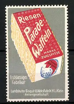 Reklamemarke Riesen Parade-Waffeln, Landshuter Bisquit- und Keksfabrik H. I. Klein AG, Waffelverpackung