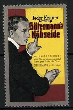 Reklamemarke Gütermann's Nähseide, Gütermann & Co., Mann mit Werbeschild