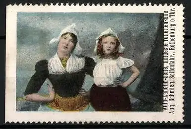 Reklamemarke Mädchen und junge Frau in niederländischer Tracht, Aula-Lanolin-Seife, Seifenfabrik Aug. Schmieg
