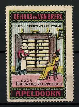 Reklamemarke Edelweiss Zeeppoeder, De Haas en Van Brero, Apeldoorn, een Sneeuwwitte wasch