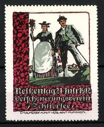 Reklamemarke Schliersee, Nelkentag 1912, Verschönerungsverein, Paar in Tracht