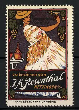 Reklamemarke Spanischer Wein von J. M. Rosenthal, Kitzingen a. M., Spanierin mit Weinglas