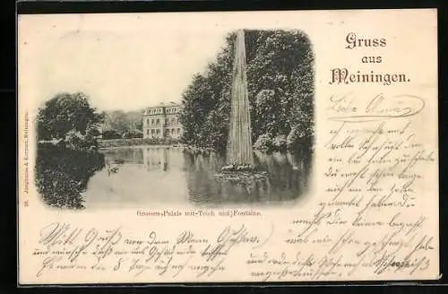 AK Meiningen, Grosses Palais mit Teich und Fontaine