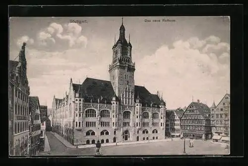 AK Stuttgart, Das neue Rathaus mit Litfasssäule