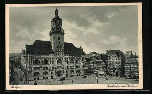 AK Stuttgart, Marktplatz mit Geschäften und Rathaus