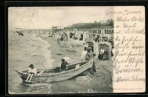 AK Zinnowitz, Strand mit Herrenbad und Boot