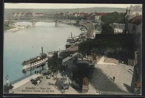 AK Dresden, Treppe zur Brühl'schen Terrasse mit Elbe