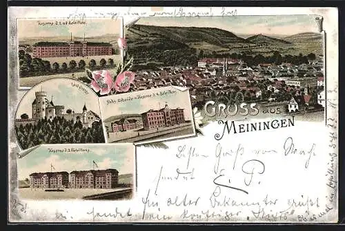Lithographie Meiningen, Landsberg, Stabs-Gebäude und Kaserne d. 4. Bataillons, Kaserne d. 3. Bataillons