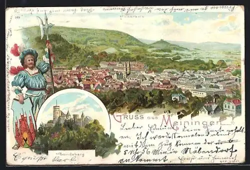 Lithographie Meiningen, Burg Landsberg, Totalansicht aus der Vogelschau