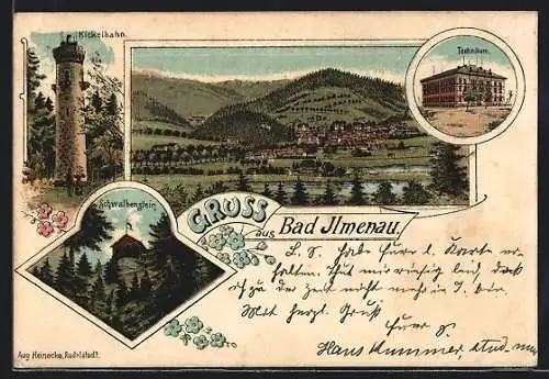 Lithographie Bad Ilmenau, Technikum, Kickelhahn, Schwalbenstein