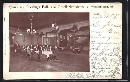 AK Berlin-Kreuzberg, Ball-und Gesellschaftshaus Gliesing, Wassertorstr. 68, Innenansicht