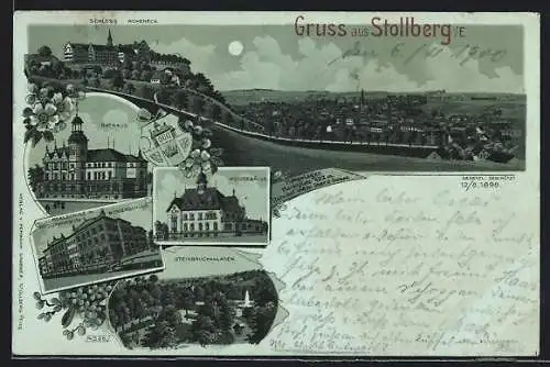 Mondschein-Lithographie Stollberg i. E., Schloss Hoheneck, Postgebäude, Rathaus