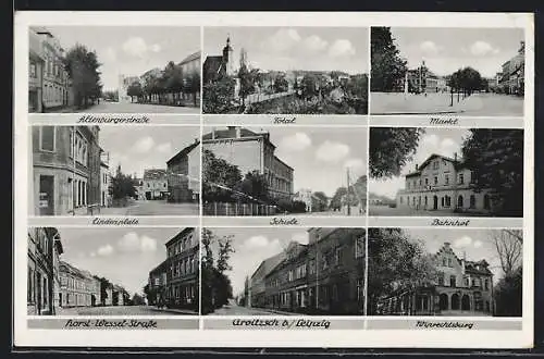 AK Groitzsch b. Leipzig, Schule, Bahnhof, Strasse