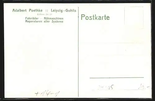 AK Leipzig-Gohlis, Fahrräder und Nähmaschinen Adalbert Poethke, Gothaer Strasse 34