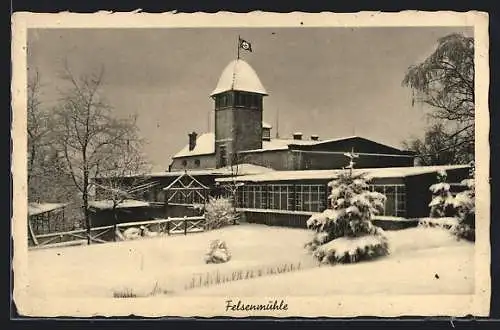 AK Ebersbach /Sachsen, Restaurant Felsenmühle im Schnee, 