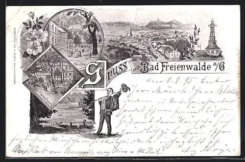 Vorläufer-Lithographie Bad Freienwalde a. O., 1895, Gasthaus Zur grünen Tanne, Kur-Park, Kriegerdenkmal