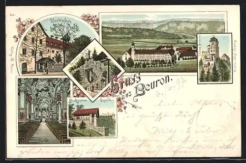 Lithographie Beuron, Schloss Beuron, Klosterpforte, Inneres der Kirche