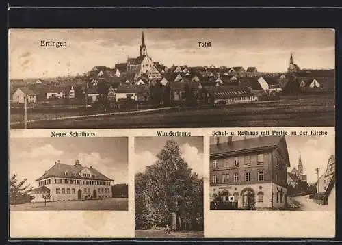 AK Ertingen, Wundertanne, Schul- und Rathaus mit Partie an der Kirche, Neues Schuhaus