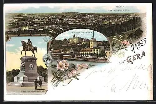 Lithographie Gera, Schloss Osterstein, der Ort vom Weinberg aus und Kaiser Wilhelm-Denkmal bei Vollmond