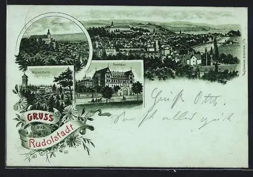 Lithographie Rudolstadt, Rudolsbad, Schloss und Marienthurm