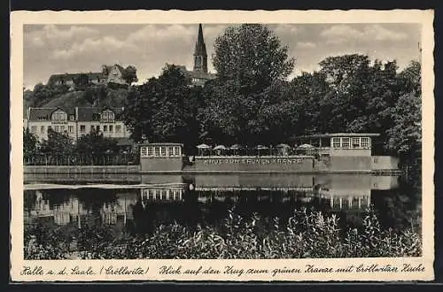 AK Halle a. d. Saale /Cröllwitz, Gasthaus Krug zum grünen Kranze mit Cröllwitzer Kirche