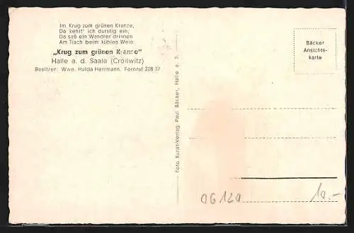 AK Halle a. d. Saale /Cröllwitz, Gasthaus Krug zum grünen Kranze mit Cröllwitzer Kirche