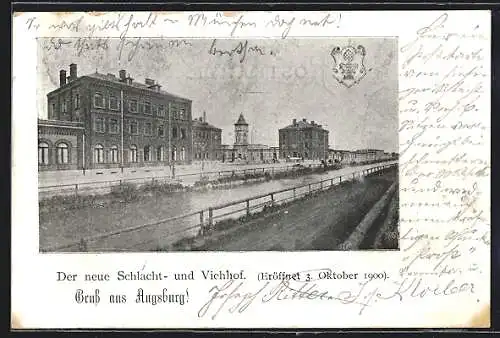 AK Augsburg, Der neue Schlacht- und Viehhof mit Restaurant, Eröffnet 1900