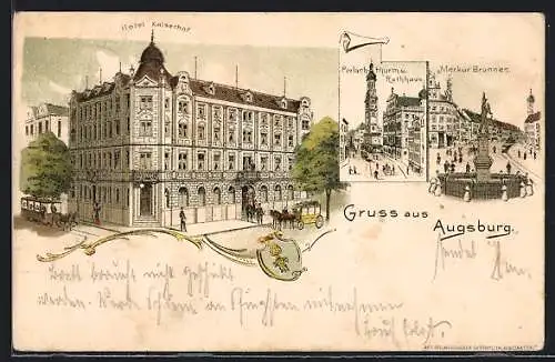 Lithographie Augsburg, Hotel Kaiserhof, Perlachturm und Rathaus, Merkur-Brunnen