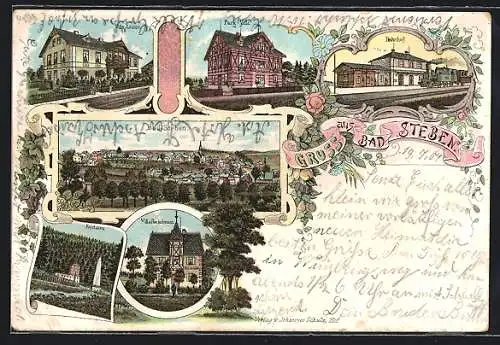 Lithographie Bad Steben, Park-Villa, Villa Louise, Bahnhof