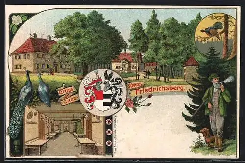 Lithographie Abtswind, Jagdschloss Friedrichsberg, Jäger mit Dackel