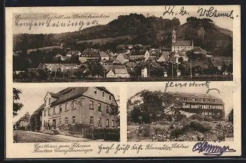 AK Castell in Unterfranken, Gasthaus zum Schwan, Bes.: Georg Deininger, Schloss, Ortsansicht