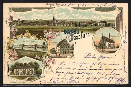 Lithographie Hassfurt, Hotel Wildbad, Rathaus, Ritterkapelle