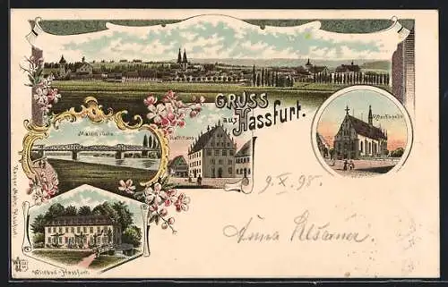 Lithographie Hassfurt, Wildbad Hassfurt, Ritter-Kapelle, Mainbrücke