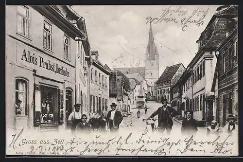 AK Zeil, Strassenpartie mit Buchbinderei Alois Prabst und Kirche