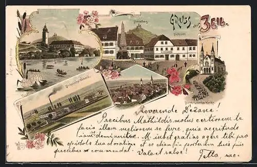 Lithographie Zeil, Teilansicht, Marien-Lourdes-Kirche, Marktplatz, Marienberg