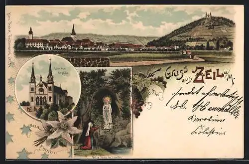 Lithographie Zeil a. M., Lourdes Kapelle, Ortsansicht, Notre Dame de Lourdes