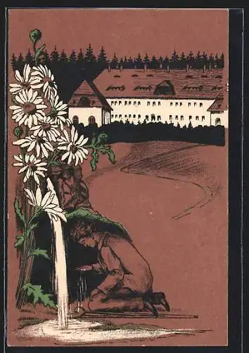 Künstler-AK Zwickau, Margaretentag 1911, Mann sitzt an einem Wasserfall