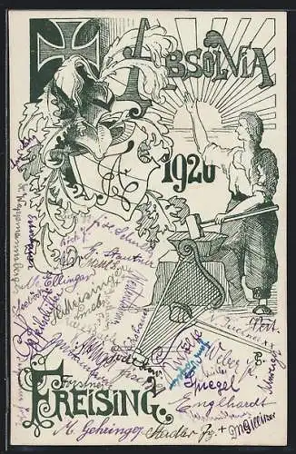Künstler-AK Freising, Absolvia 1920, Schmied mit Hammer und Amboss