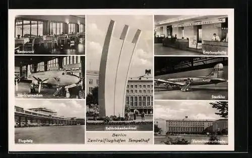 AK Berlin, Zentralflughafen Tempelhof mit Luftbrückendenkmal, Empfangshalle, Verwaltungsgebäude, Flugsteig, Restaurant