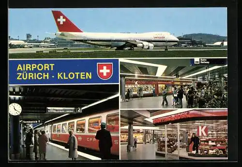 AK Zürich, Flughafen Kloten, Bahnhof und Geschäfte im Flughafen