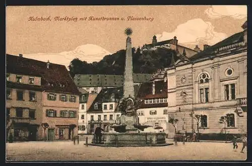 AK Kulmbach, Marktplatz mit Kunstbrunnen und Plassenburg